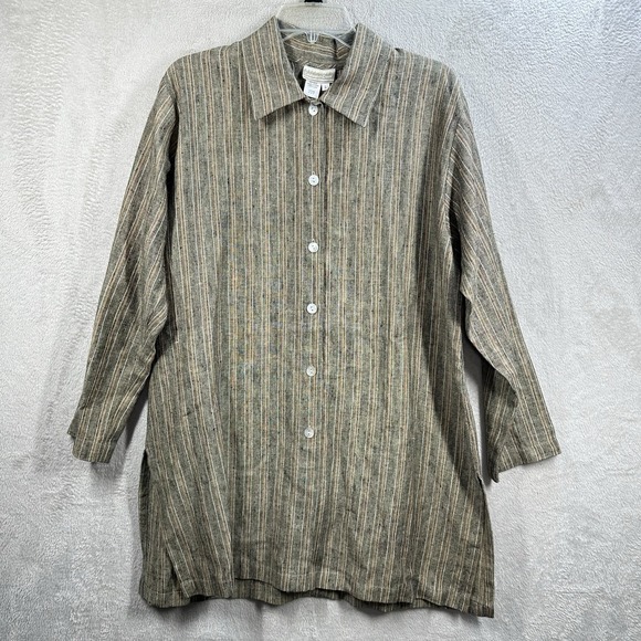 Coldwater Creek Tops - Coldwater Creek Striped 100% Linen Top Size L Natural Lagenlook Resort Beach